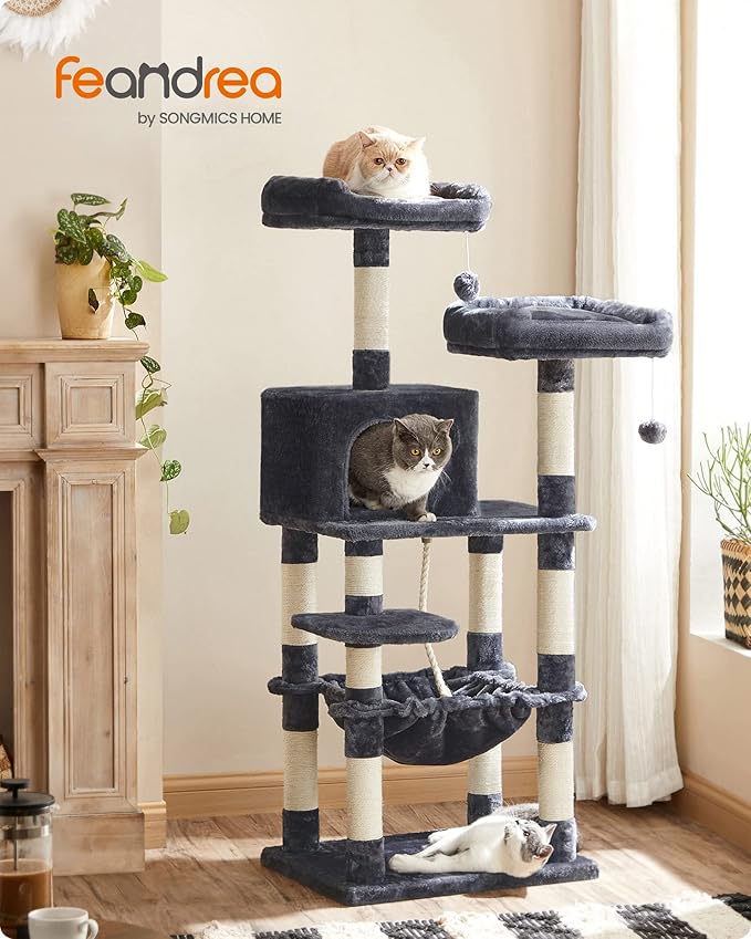FEANDREA Cat Tree, Cat Tower for Indoor Cats, 56.3-Inch Cat Condo with Scratching Posts, Hammock, Plush Perch, Smoky Gray UPCT15GYZ-PawvioPets
