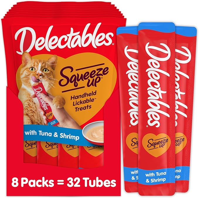 Delectables Squeeze Up Creamy Squeezable Puree, Lickable Wet Cat Treats, Grain Free, No Added Fillers, No By-Products, No Added Preservatives, 0.5 Ounces Tuna & Shrimp, 32 Tubes Total-PawvioPets
