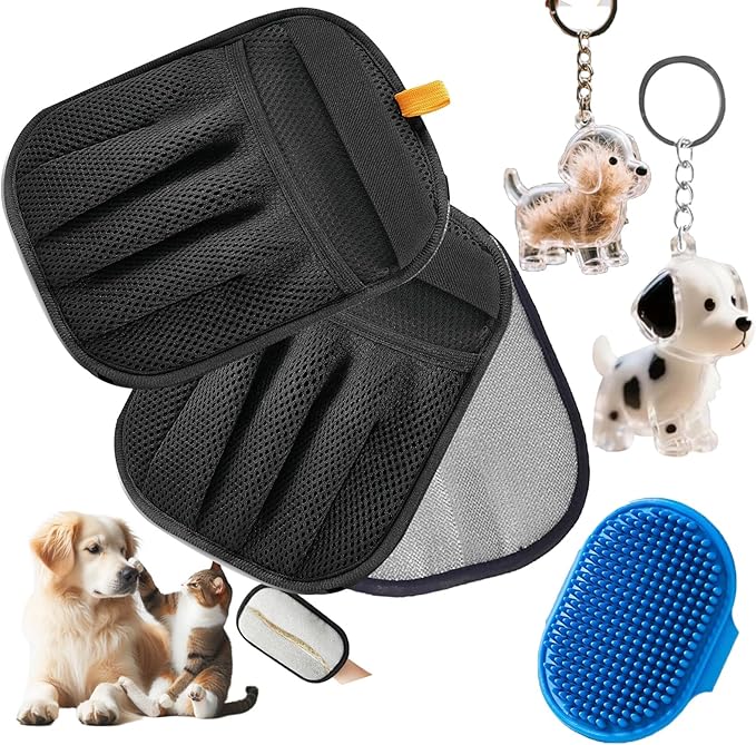 2Pcs Five-Finger Pet Hair Removal Glove for Dogs,Reusable Cat Grooming Gloves,Pet Hair Collector Keychain,Electrostatic Pet Hair Removal Tool for Furniture,Car,Couch,Carpet,Essential Pet Supplies-PawvioPets