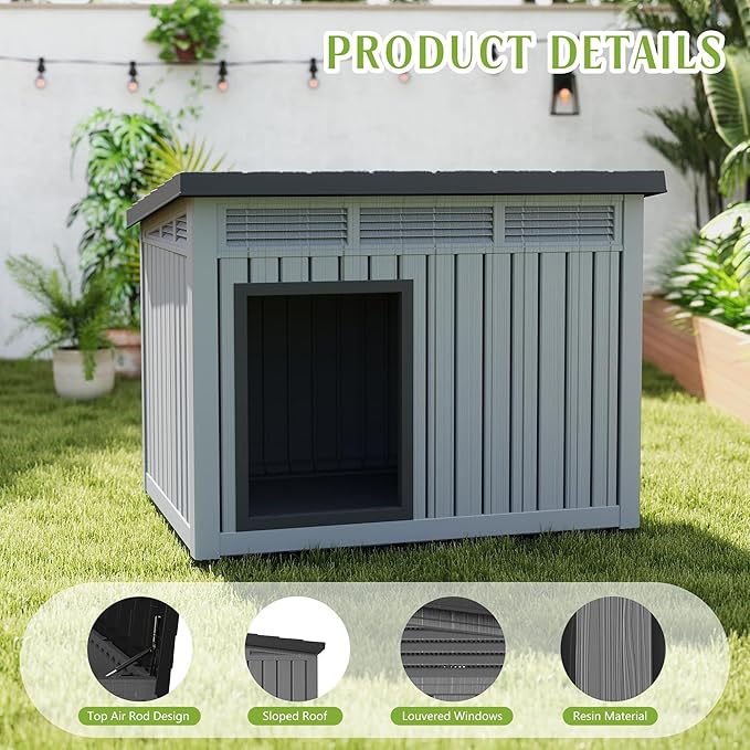 Dog House Indoor Outdoor,Resin Waterproof Puppy Shelter with Air Vents and Elevated Floor,Air Rod on Top to Open,Dog Kennel for Small to Large Dogs(Grey,42.87 * 32.95 * 31.61)-PawvioPets