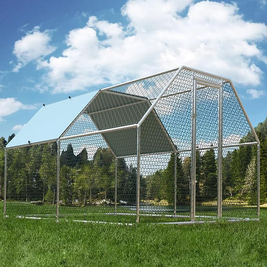 1.26'' Chicken Runs for Yard with Cover, Large Metal Chicken Run Walk in Metal, Outside Dog Kennel with Roof, Flat Roofed Outdoor Kennel for Cats(9.2’L x12.5’Wx 6.4’H)-PawvioPets