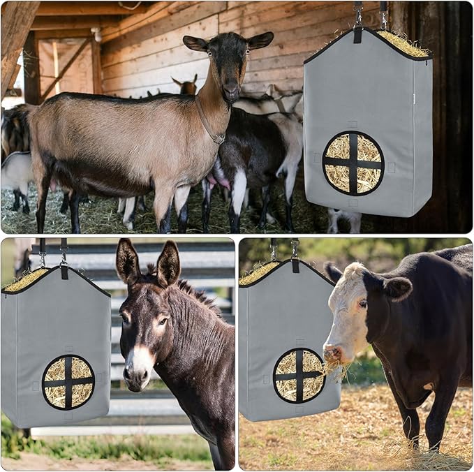 3 PCS Goat Hay Feeder,Hay Bags for Horses,Goats,Donkeys with Reinforced Oxford Fabric and High Strength Metal Clasp,Horse Feeding Supplies with Adjustable Strap for Easy Hanging (2Grey+1Black)-PawvioPets