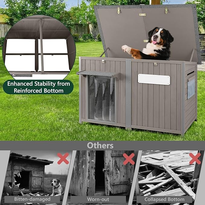 55" Extra Large Outdoor Dog House Weatherproof Wooden Doghouse Indoor for Large Breed Dogs with Anti Bite Frames with Window,10 Elevated Feet, Reinforced Bottom for Pet Up to 220LBS-PawvioPets
