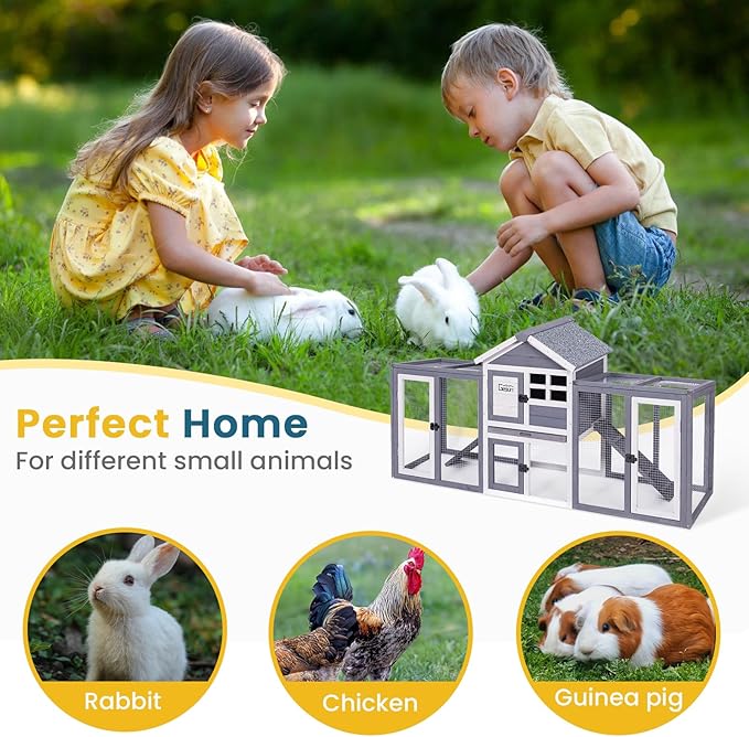 GEGURI Wooden Rabbit Hutch, Indoor Outdoor Chicken Coop Bunny Cage with Waterproof Roof-PawvioPets