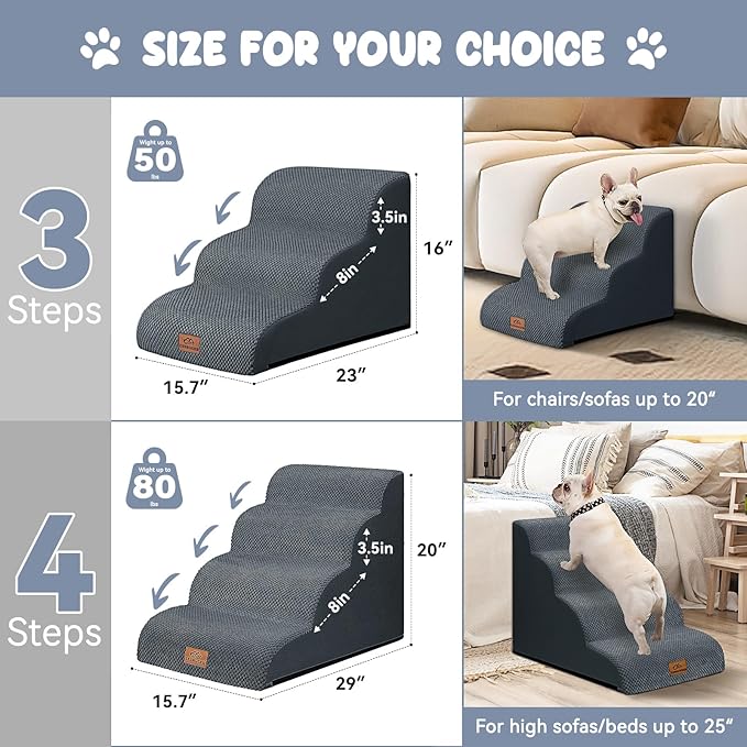 Dog Ramp and Stair for Bed 16" H-20 H,3-Step Cat Stair for Sofa and Chair,4-Step Dog Ramp for High Bed and Window,Durable Nonslip Fabric Cover for Indoor (Dark Grey-20 H, Pet Friendly, 4)-PawvioPets
