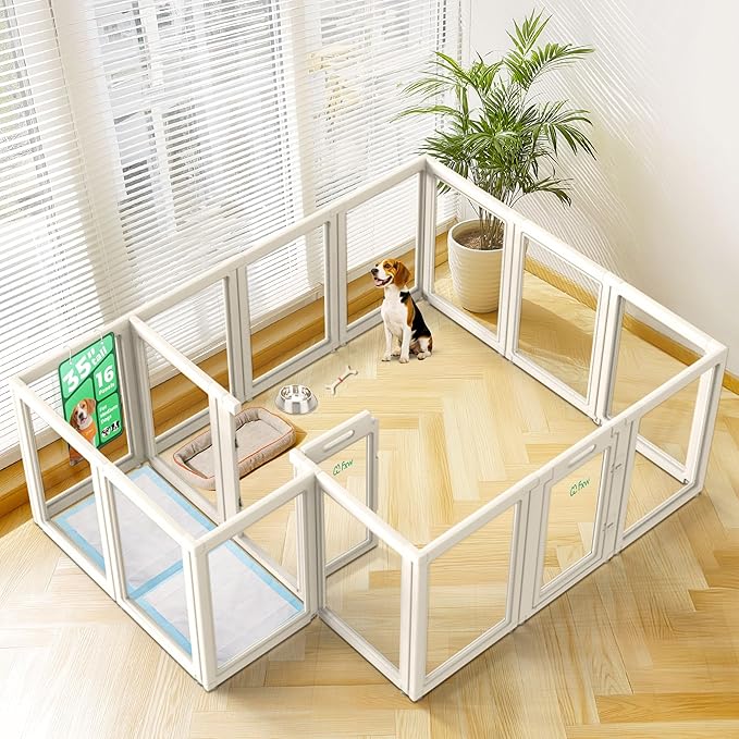 FXW AuraSpace Acrylic Indoor Unleashed Dog Playpen for Medium Dogs, 35 Inch, 16 Panels, White-PawvioPets