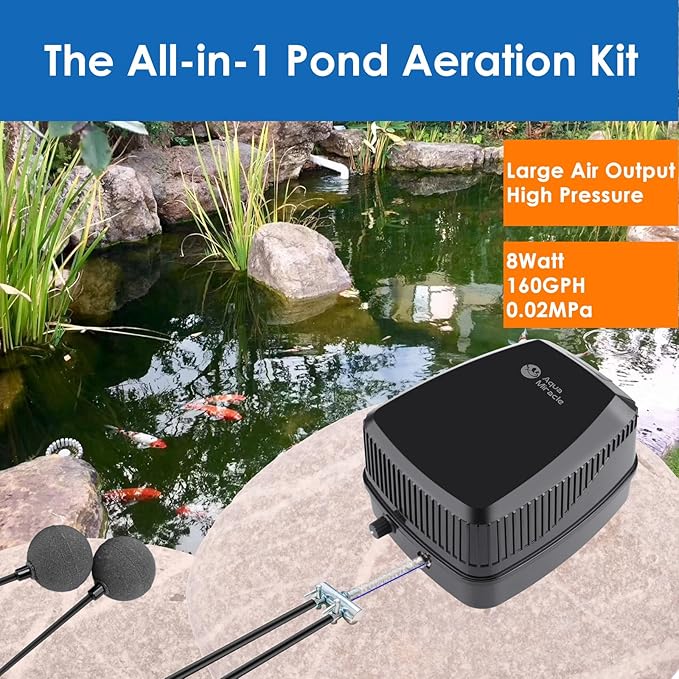 AquaMiracle All-in-One Koi Pond Aerator for Outdoor Ponds up to 1500 Gallons, Pond Air Pump Pond Aeration System with 2-Outlet Manifold Airline Tubing Air Stones Check Valves-PawvioPets