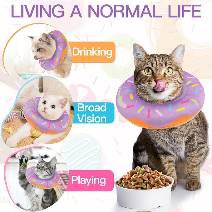 Cat Cone Collar Soft, Cute Cat Donut Collar After Surgery, Adjustable Kitten Recovery Cones to Stop Licking, Lightweight Neck Elizabethan Collars for Cats Kittens(Purple, Small)-PawvioPets
