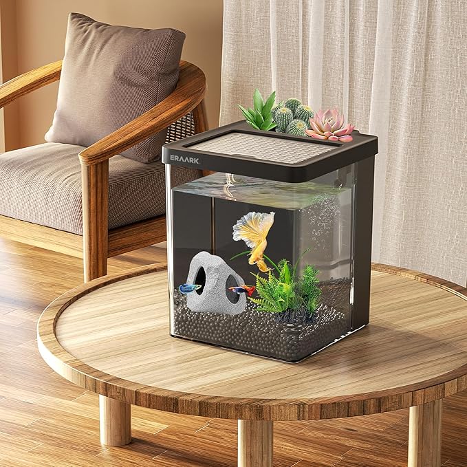 Betta Fish Tank,Aquarium kit 1.5 Gallon Fish Tank,with Filter LED Light, Water Pump, Decorate Water Plants and Sand, Aquarium Starter Kits, Fish Bowl-PawvioPets