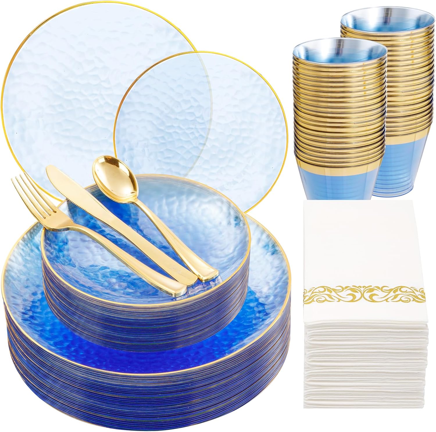 Rubtlamp 175 Pcs Plastic Dinnerware Set (25 Guests), Blue Disposable Plates With Gold Rim, Hammered Party Plates Set Include Dinner Platos, Dessert Platos, Cups, Cutlery And Napkins for Party