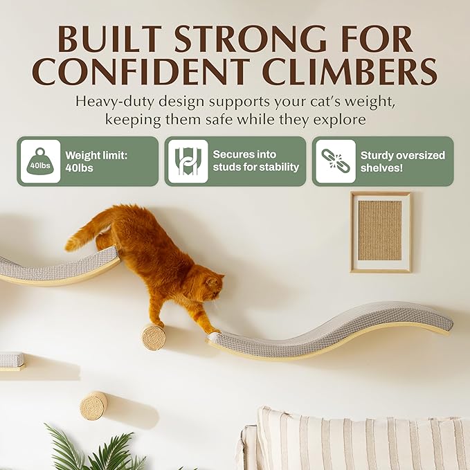 Extra Large 35.4” × 11.6” Stylish Cat Wall Shelves with Soft Cushion, Modern Wall-Mounted Cat Tree Furniture & Perch, Sturdy/Hidden Mounts, Machine Wash Cover, Sleek Design- CALLICO HAVEN Wave S-Shape-PawvioPets