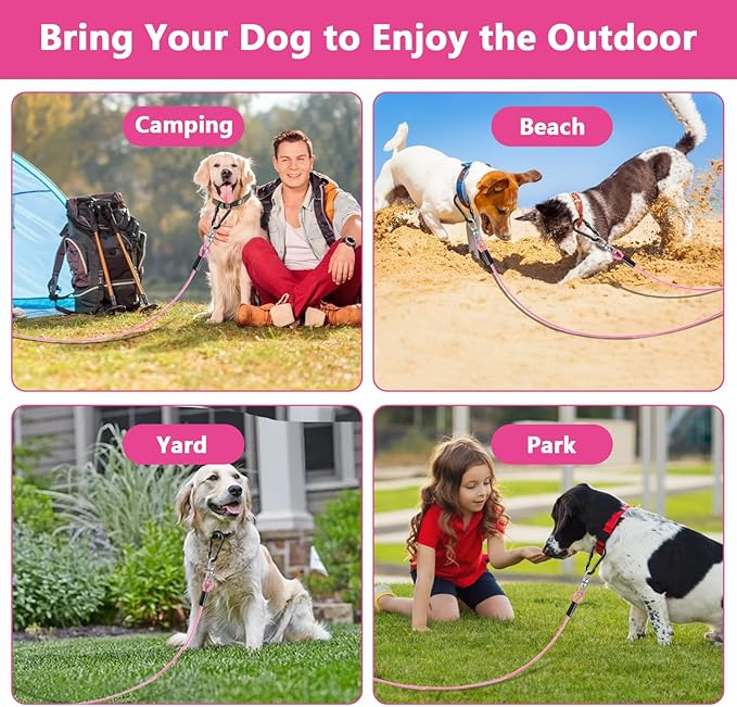 Dog Tie Out Cable 10FT-500Lbs,Heavy Duty Dog Leads&Tether for Yard with Swivel Hook,Small Large Dogs Leash Line for Outside,Rust Chew Proof Dogs Run Cable for Outdoor Camping(Pink, 10FT)-PawvioPets