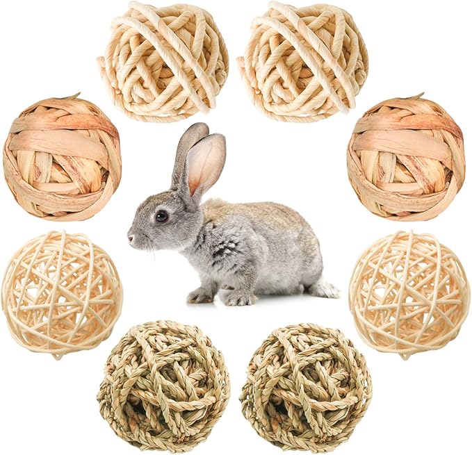 8 Pcs Small Animals Play Balls Rolling Activity Chew Toys Gnawing Treats for Rabbits Guinea Pigs Chinchilla Bunny Natural Balls, Pet Cage Entertainment Accessories (8Pcs)-PawvioPets