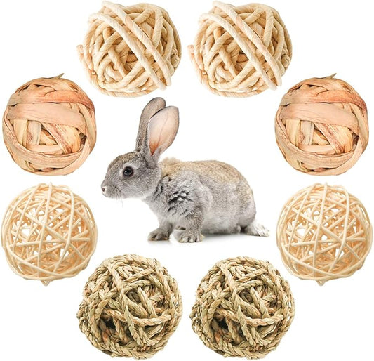 8 Pcs Small Animals Play Balls Rolling Activity Chew Toys Gnawing Treats for Rabbits Guinea Pigs Chinchilla Bunny Natural Balls, Pet Cage Entertainment Accessories (8Pcs)-PawvioPets