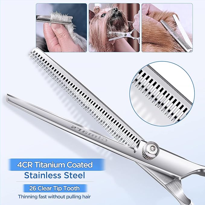 Gimars 7.0in Professional 4CR Stainless Steel Safety Round Tip 6 in 1 Dog Grooming Scissors Heavy Duty Titanium Coated Pet Grooming Scissor for Dogs, Cats and Other Animals-PawvioPets