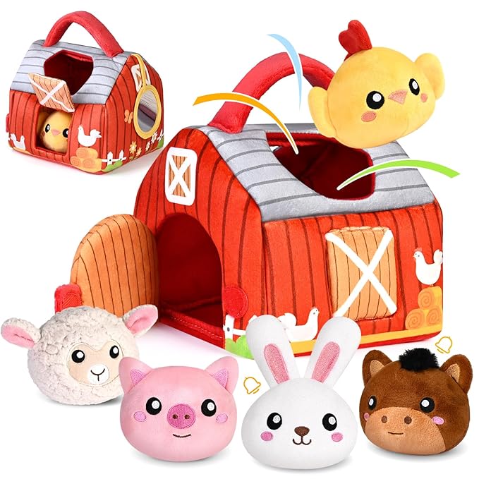 Baby Toys 0-12 Months, Plush Toy Set- 4 Sensory Soft Toys with Crinkle, Rattles for 0-3-6-9-12 Month Newborn Infant, 1st Birthday for Babies Boys Girls Age 1+ (Barn with Farm Animals)-PawvioPets