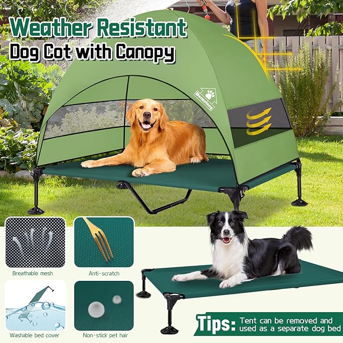 Elevated Outdoor Dog Bed with Canopy & Adjustable Feet - Larger Shade for Camping, Backyard & Patio-PawvioPets