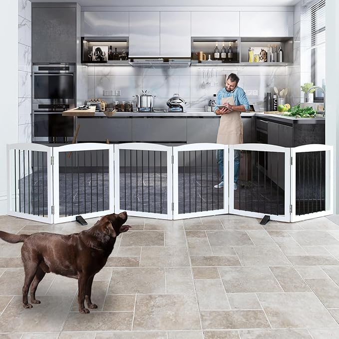 Freestanding Panel Dog Gate for Indoor Doorways, Stairs, or Hallways, Foldable Wooden Pet Gate, Support Feet Included, 24" Height-6 Panels, White-PawvioPets