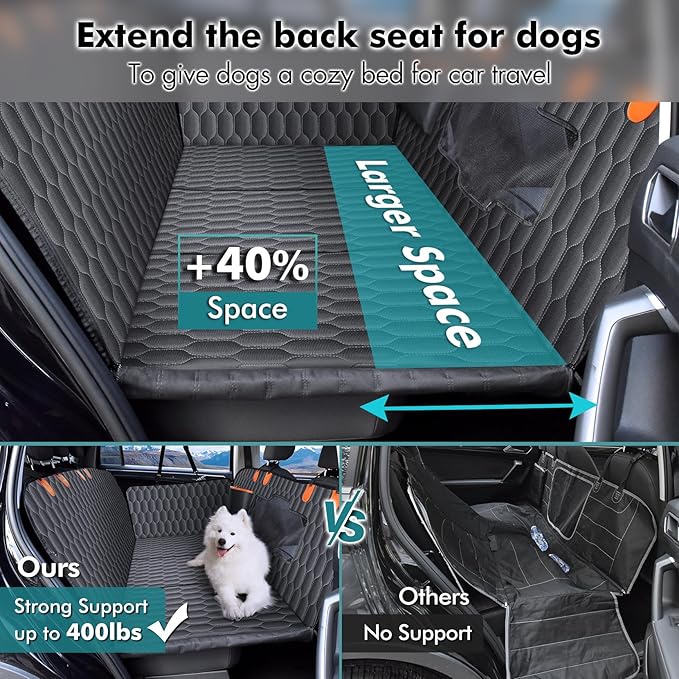 Back Seat Extender for Dogs-Supports 400lb,Waterproof Dog Car Seat Cover Hard Bottom-Detachable,600D Heavy Duty Scratch Proof Nonslip Soft,Dog Hammock for Car,SUVs-PawvioPets