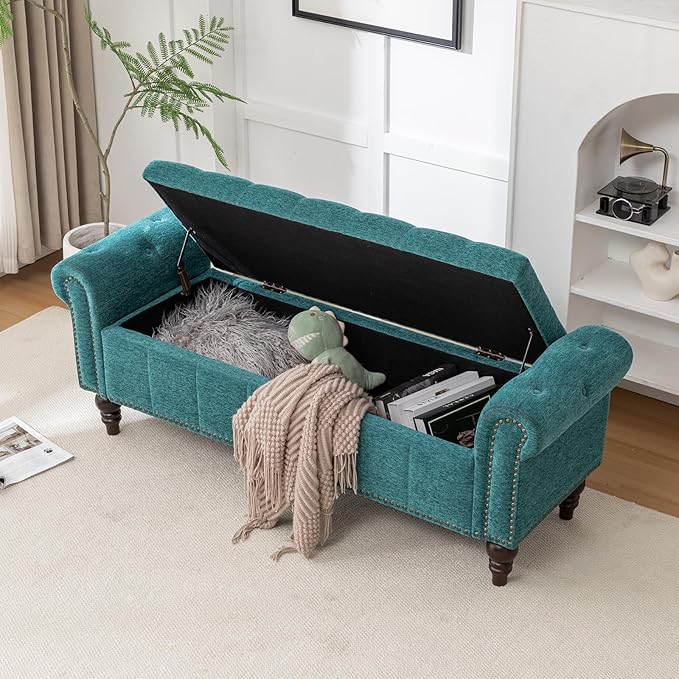 58’’ Storage Bench for Bedroom, Upholstered Button-Tufted Ottoman with Solid Wood Legs, Queen Size End of Bed Shoe Cabinet, Window Seat Foot Rest Stool for Entryway, Living Room (Teal)-PawvioPets