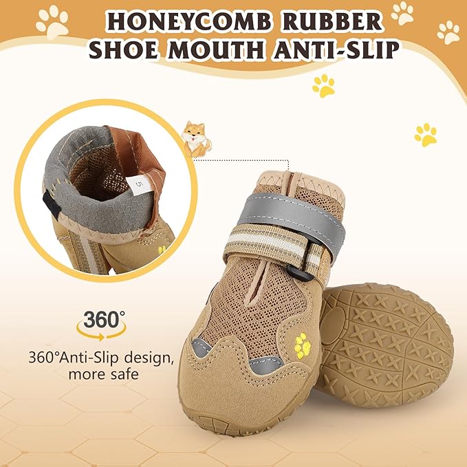 Dog Shoes, FISHOAKY Dog Shoes for Large Dogs, Mesh Breathable Dog Boots & Paw Protectors for Summer Hot Pavement Winter Snowy, 360°Anti Slip 4Pcs Dog Booties with Reflective Khaki (Size 4)-PawvioPets