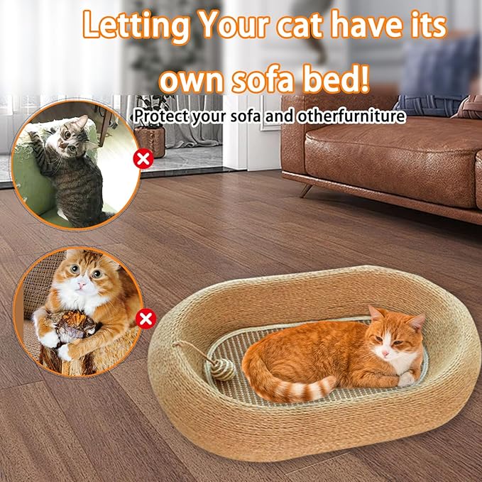 3-in-1 Sisal Scratching Board Bed, for Indoor Cats, Large Oval Cat Scratching Board, Toys for Playing and Nursing Paws (24x15x5 inches) (Large Size, Cat Bed - with Cooling Pad)-PawvioPets