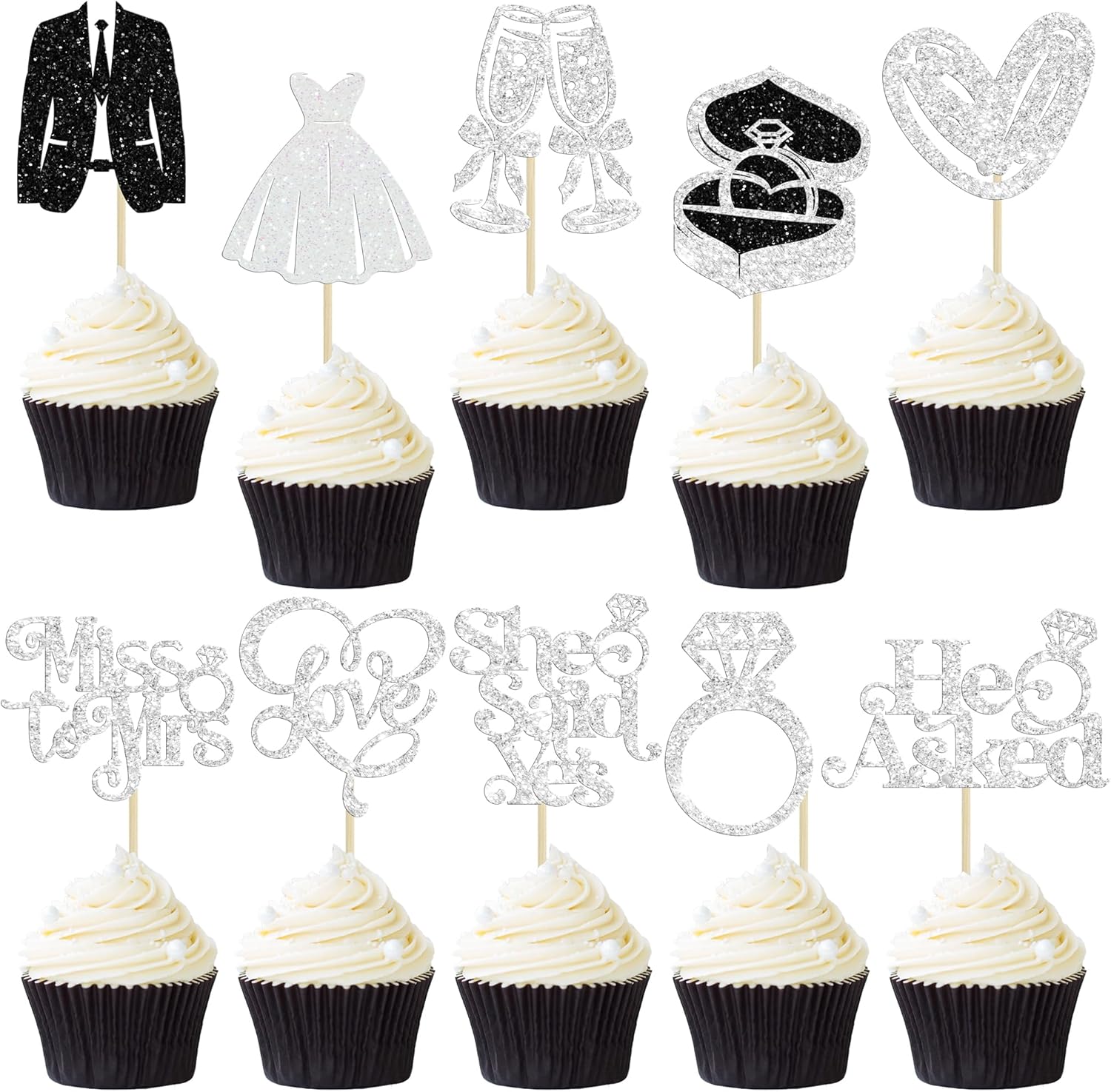 Gyufise 30Pcs She Said Yes Cupcake Toppers Glitter Diamond Ring I Do Love Cupcake Picks Miss to Mrs He Asked Bridal Shower Wedding Engagement Bachelorette Cake Decoration Silver