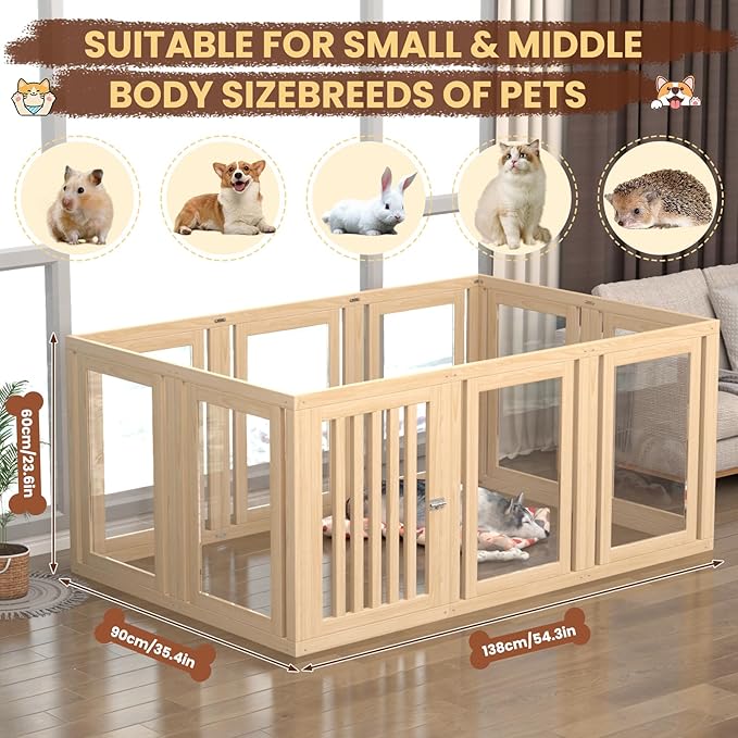 10 Panels Dog Playpen with Door, 23.6" H Pet Playpen Indoor, Clear Acrylic Puppy Playpens, Wooden Puppy Fence with Gate, Transparent Dog Pens, Pet Pen Indoor for Dogs, Cats, Rabbit (Wood)-PawvioPets