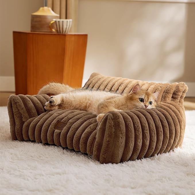 Bedsure Cute Cat Couch for Pets - Fluffy Cat Sofa with Premium Soft Corduroy Fleece, Fuzzy Pet Couch Bed with Removable Washable Cover, Supportive Pet Chair for Indoor Cats, 24inch, Copper Brown-PawvioPets