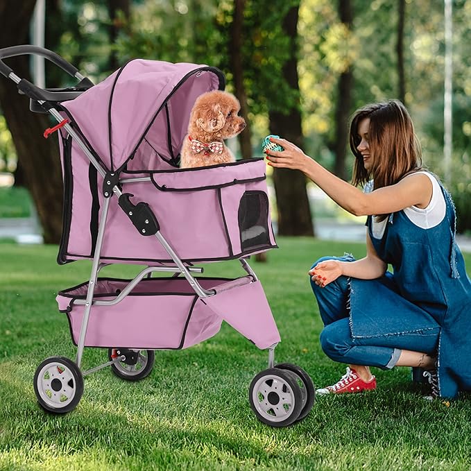 Dog Stroller,3 Wheels Travel Folding Pet Stroller for Small Medium Dog Cat Jogger Stroller with Storage Basket Removable Liner Pink-PawvioPets