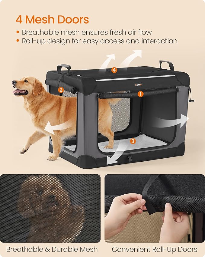 Feandrea Collapsible Dog Crate, 36-Inch Portable Dog Travel Crate for Large Dogs, Oxford Fabric Pet Carrier with 4 Mesh Doors, Handles, Storage Pocket, Water Bottle Holder, Ink Black UPDC019B01-PawvioPets