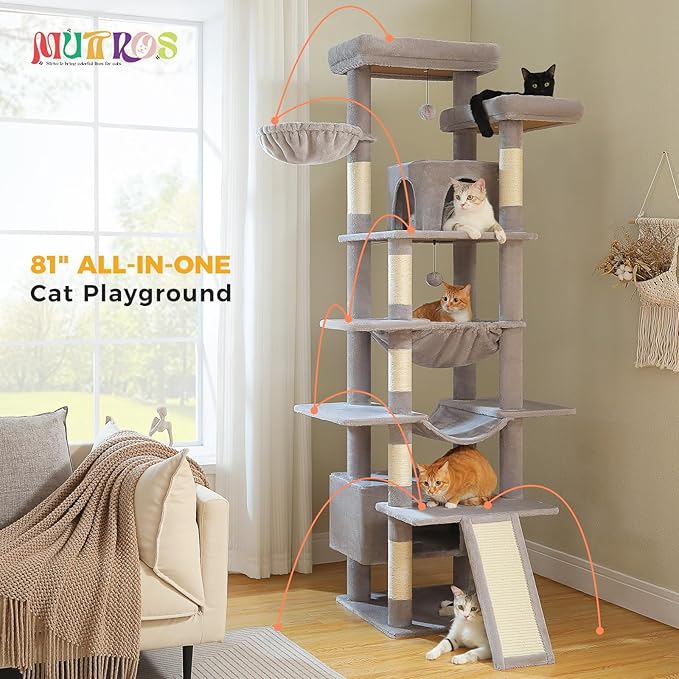 81" Heavy Duty Cat Tree for Large Cats up to 20lbs - Extra Tall Cat Tower with Metal Frame Hammock, 6 Sisal Scratching Posts, 2 Perches - Indoor Cat Furniture for Maine Coon, Big Cats, Gray-PawvioPets