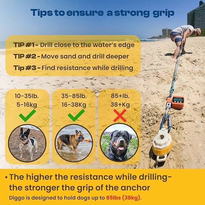 Diggo Dog Stake Beach Anchor - Dog Beach Essentials for All Dog Sizes - Unique 360° Head Rotating Combination Beach Lock System, Heavy Duty Tie Out Stake, Umbrella Sand Anchor, Designed for The Beach-PawvioPets