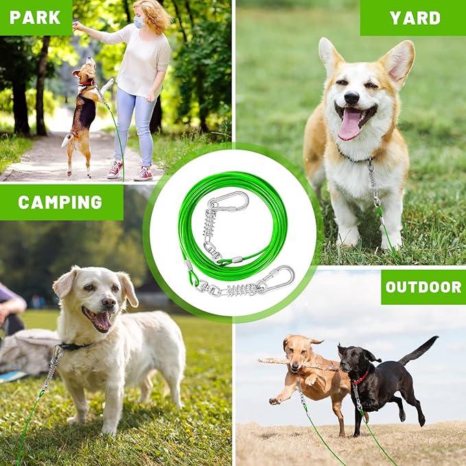 Dog Tie Out Cable 10/15/20/25/30FT Dog Run Cable Rosy Pink/Blue/Purple/Silver/Red/Green/YellowTie Out Cable for Large Dogs Heavy Duty for Outside Hold Large Dogs Up to 250LBS-PawvioPets