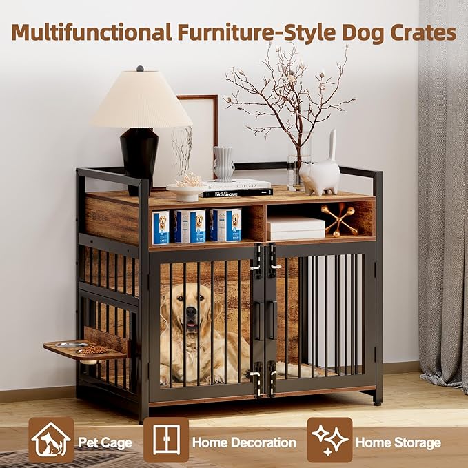 Furniture Style Dog Crate with Storage, 41 Inch Dog Crate Furniture with Double Doors, 2 Stainless Steel Bowls, Dog Crate Furniture-Style Crate for Large/Medium Dog-PawvioPets
