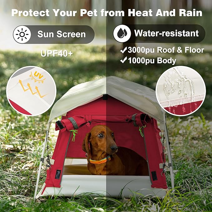 Dog Tent Cotton Fabric, Aluminum Poles and Camping Mat, Outdoor Weatherproof, Dog House Outdoor, Breathable with 2 Side Windows, Portable and Collapsible (Red, Small)-PawvioPets