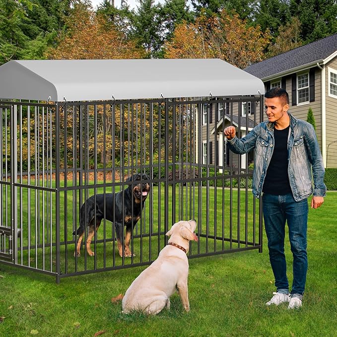 8x4x6 FT Outdoor Dog Kennel,Heavy-Duty Enclosures Outside with UV-Resistant Waterproof Roof Cover and Lock,for Medium and Large Dogs,Easy Assembly-PawvioPets