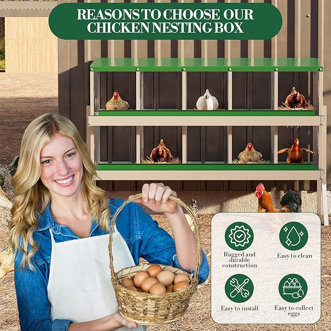 10 Hole Chicken Nesting Box with Roll Out Egg Tray, Rustproof & Ventilated Chicken Laying Boxes for Hens, Chickens, Ducks | Easy-Clean Poultry Coop Accessories, Green with Stand-PawvioPets