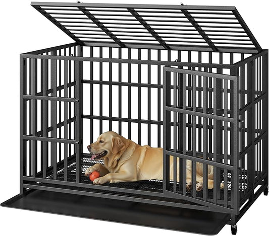 48 Inch Heavy Duty Indestructible Dog Crate Steel Escape Proof, High Anxiety Cage, Kennel with Wheels, Removable Tray, Extra Large XL XXL-PawvioPets