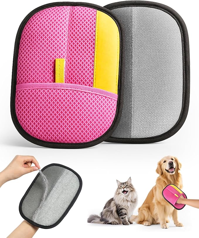 2025 Thickened Electrostatic Pet Hair Removal Gloves (2 Pcs) - Reusable Strong Grooming Gloves for Cats & Dogs, Hair Remover for Couch, Furniture, Carpet, Car Seats & Clothing (Pink)-PawvioPets