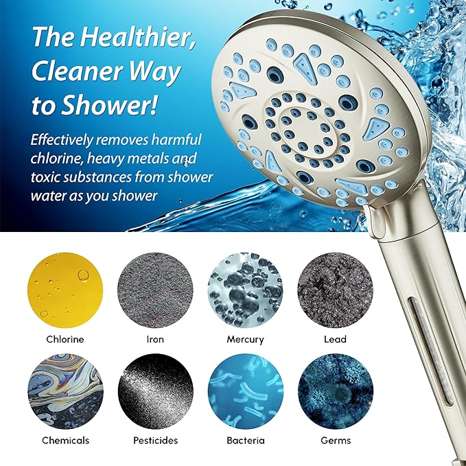 AquaCare High Pressure 10 Spray Mode Filtered Showerhead - Handheld Shower Head Filters Chlorine to Heal Dry Skin, Revive Hair - Dual Power Wash Cleans Tub, Tile, Pets - Hard Water Softener, Nickel-PawvioPets