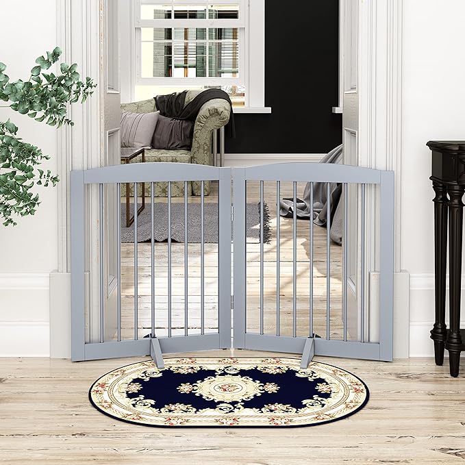 Freestanding Pet Gate for Dogs, Foldable Wooden Dog Gate for House, Indoor Pet Barrier for Stairs, Doorways, Support Feet Included, 24" Height 2 Panels, Grey-PawvioPets