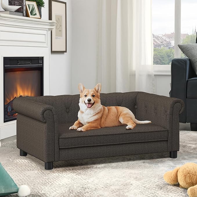 Dog Sofa Couch for Medium to Large Dogs, Memory Foam Pet Sofa Couch with Washable Fabric, Durable Elevated Dog Bed with Legs, Removable Cushion for Medium and Large Dogs, Dark Brown-PawvioPets
