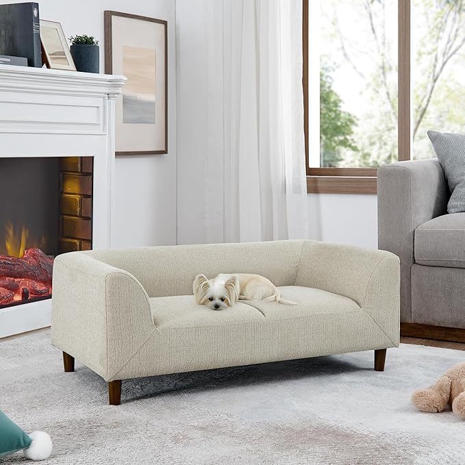 Dog Sofa Couch for Medium to Large Dogs, Memory Foam Dog Sofa Bed, Modern Elevated Pet Couch Bed with Wooden Legs for Medium and Large Dogs, Dark Beige-PawvioPets