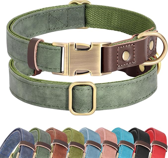 Didog Soft PU Leather Dog Collar for Large Dogs,Classic Adjustable Dog Collars with Quick Release Metal Buckle,Easy Clean and Comfortable with Nylon Lining,Green,L Neck 15-23"-PawvioPets