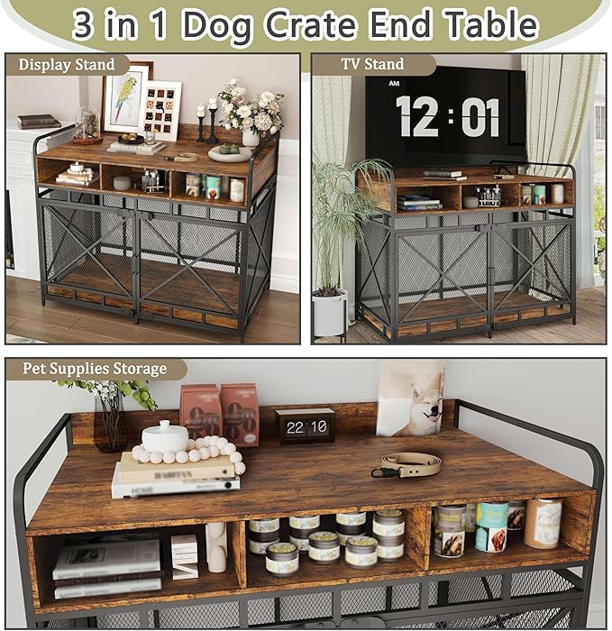 Dog Crate Furniture, 48" Heavy Duty Wooden Dog Crate End Table, XL Dog Kennel Furniture Large Breed, Decorative Dog Kennel Indoor with 3 Drawers & Steel Tubes 48" L x28 W x38 H (Rustic Brown)-PawvioPets
