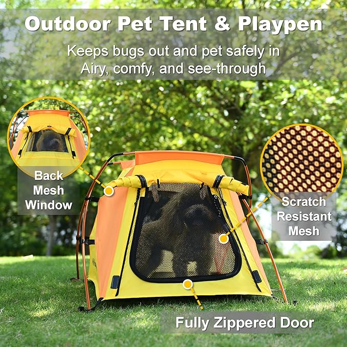 Dog Tent and Portable Playpen Outdoor Waterproof, with Aluminum Poles and Camping Mat, Pet Tent with Zippered Mesh Door, Dog House Outdoor, for Camping, Travel, Backyard, Patio (Yellow, Small)-PawvioPets