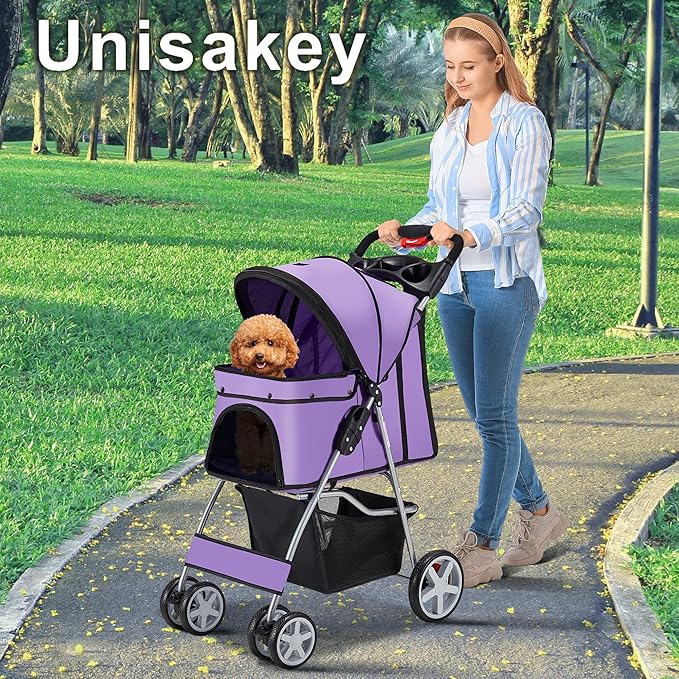 4 Wheels Pet Stroller for Small Medium Dogs Cats 10-33 lbs, Foldable Dog and Cat Stroller with Cup Holder & Storage Basket & Breathable Mesh, Pet Strolling Cart for All-Season, Purple-PawvioPets