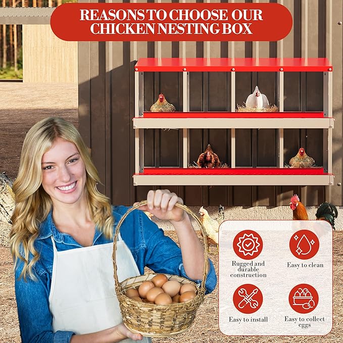 8 Hole Chicken Nesting Box with Roll Out Egg Tray, Rustproof & Ventilated Chicken Laying Boxes for Hens, Chickens, Ducks | Easy-Clean Poultry Coop Accessories-PawvioPets