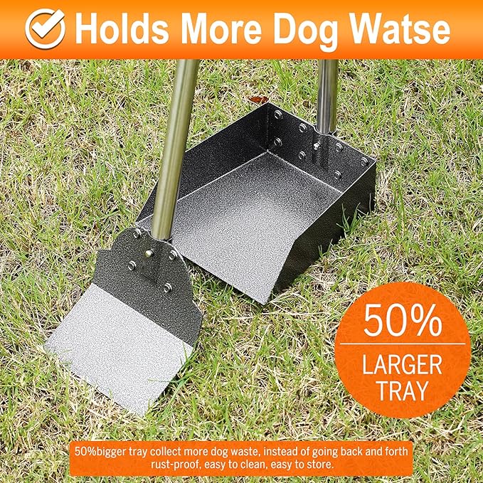 Dog Pooper Scooper for Large Dogs, Metal Aluminum Tray and Spade Poop Scoop Set with Adjustable Stainless Steel Long Handle, Pet Waste Removal Heavy Duty Poop Scooper-PawvioPets